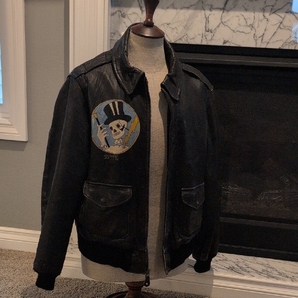 Avirex A-2 Army/Air Force Black Bomber Jacket with Ribbed Collar and Bones Patch